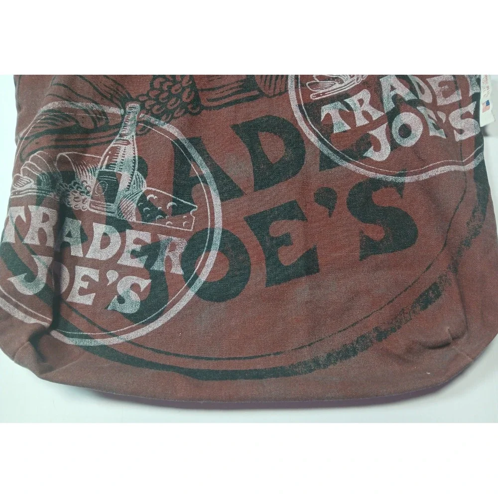 Rare Vintage Trader Joe's Canvas Tote Bag Maroon All Over Print Made In USA